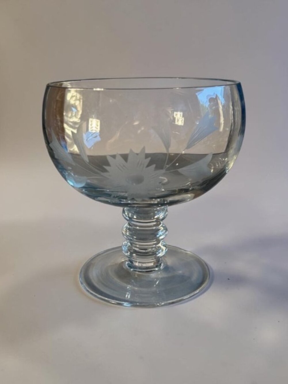 Vintage Pasabahce Etched Glass Floral Compote Ribbed Pedestal Dessert Bowl